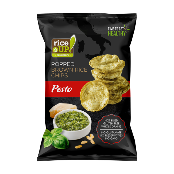 RICE UP! Black Edition Popped brown rice chips Pesto
